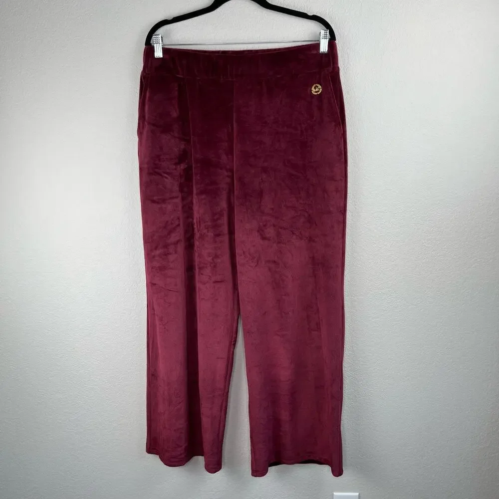 Michael Kors Burgundy Velour Straight Leg Track Pants L NWOT Ruby Maroon Red